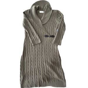 Calvin Klein Putty Brown Cable Knit Shawl Collar Sweater Dress Buckle Medium